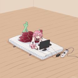 Rule 34 | 1girl, absurdres, black ribbon, cable, clothing cutout, commentary, dress, flower, full body, green legwear, hair flower, hair ornament, highres, indoors, keyboard (computer), legs up, lying, mattress, medium hair, monitor, mouse (computer), nijisanji, nijisanji en, on stomach, open mouth, pink hair, power strip, puffy sleeves, red dress, red eyes, red flower, red rose, ribbon, rose, rosemi lovelock, rosemi lovelock (1st costume), signature, solo, the pose, tsukino (nakajimaseiki), virtual youtuber