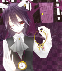 Rule 34 | 1boy, alicemare, animal ears, ascot, black vest, clock, clock necklace, closed mouth, collared shirt, door, expressionless, grey ascot, highres, holding, holding key, key, long sleeves, male focus, one eye closed, rabbit boy, rabbit ears, red eyes, shirt, solo, synonym paint, vest, white rabbit (alicemare), white shirt