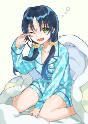Rule 34 | 1girl, blanket, blue hair, blue shirt, green eyes, hair ornament, hair scrunchie, kantai collection, long hair, long sleeves, low twintails, mitsuyo (mituyo324), one eye closed, open mouth, pajamas, polka dot, polka dot shirt, rubbing eyes, scrunchie, shirt, simple background, sitting, solo, suzukaze (kancolle), twintails, twitter username, waking up, wavy mouth