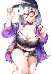 Rule 34 | 1girl, absurdres, bare shoulders, baseball cap, black camisole, black hat, black shorts, blush, breasts, camisole, choker, cleavage, coffee cup, collarbone, cup, disposable cup, fate/grand order, fate (series), glasses, hair ribbon, hat, heroic spirit tour outfit, highres, hood, hooded jacket, jacket, kama (fate), kama (tour outfit) (fate), large breasts, len (hand linke), long hair, long sleeves, looking at viewer, low twintails, midriff, navel, off shoulder, purple jacket, red eyes, ribbon, short shorts, shorts, silver hair, sitting, solo, thighs, twintails