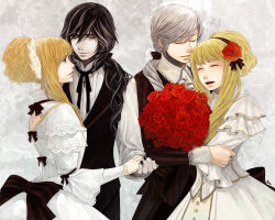 Rule 34 | 2boys, 2girls, aged up, ascot, bad id, bad pixiv id, black hair, blonde hair, blue eyes, bouquet, closed eyes, couple, cross, dress, dual persona, elisabeth von wettin, elyse (sound horizon), eye contact, feather hair ornament, feathers, flower, formal, hair flower, hair ornament, hair ribbon, hairband, hetero, highres, holding hands, jewelry, katsura (+araka), looking at another, maerchen (album), marchen von friedhof, marz von ludowing, multicolored hair, multiple boys, multiple girls, nail polish, necklace, necktie, open mouth, ponytail, red flower, red rose, ribbon, rose, sidelocks, silver hair, smile, sound horizon, striped, two-tone hair, waistcoat, wavy hair, white dress, yellow eyes