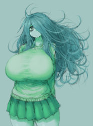 Rule 34 | 1girl, 2b-ge, ahoge, bags under eyes, breasts, chestnut mouth, cowboy shot, gigantic breasts, green hair, green shirt, hair over one eye, highres, long sleeves, mei (2b-ge), no nose, original, school uniform, shirt, simple background, skirt, thick thighs, thighs