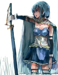 Rule 34 | 10s, 1girl, armlet, ashiyama yoshinori, bare shoulders, blue eyes, blue hair, blue skirt, buttons, cape, collarbone, cowboy shot, gloves, holding, holding sword, holding weapon, legband, magical girl, mahou shoujo madoka magica, mahou shoujo madoka magica (anime), matching hair/eyes, miki sayaka, navel, open mouth, petticoat, rapier, short hair, simple background, skirt, solo, sword, thigh strap, thighhighs, weapon, white background, white gloves, white thighhighs