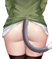 Rule 34 | 1girl, absurdres, ass, ass focus, black thighhighs, cat tail, cowboy shot, from behind, green shirt, highres, karyl (princess connect!), karyl (real) (princess connect!), lower body, no panties, princess connect!, shirt, simple background, solo, tail, thighhighs, white background, xiao liu