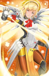 Rule 34 | 1girl, aegis (persona), angel, angel wings, armband, bad id, bad pixiv id, blonde hair, bodysuit, breasts, cosplay, gloves, halo, highres, jellcaps, joints, looking at viewer, mechanical halo, mechanical parts, mechanical wings, medium breasts, mercy (overwatch), mercy (overwatch) (cosplay), overwatch, overwatch 1, parted lips, pelvic curtain, persona, persona 3, robot joints, short hair, solo, staff, thighs, wings