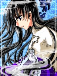 Rule 34 | 1girl, black hair, blue background, blue eyes, cape, framed, houshin engi, long hair, lowres, profile, ryuukitsu koushu, seiga mitsuki, solo, turtleneck