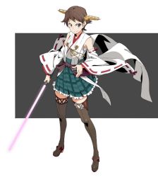 Rule 34 | 10s, 1girl, akitetsu, bad id, bad twitter id, bare shoulders, boots, brown hair, detached sleeves, energy sword, gundam, hairband, headgear, hiei (kancolle), holding lightsaber, japanese clothes, kantai collection, lightsaber, no legwear, nontraditional miko, pleated skirt, purple eyes, purple lightsaber, short hair, skirt, smile, solo, star wars, sword, thighhighs, two-tone background, weapon, zettai ryouiki
