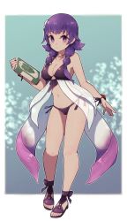Rule 34 | 1girl, bikini, book, breasts, cleavage, closed mouth, fire emblem, fire emblem: the sacred stones, fire emblem heroes, flower, full body, hair flower, hair ornament, highres, holding, holding book, lamb-oic029, long hair, looking at viewer, lute (fire emblem), medium breasts, nintendo, purple eyes, purple hair, sandals, solo, standing, swimsuit, toeless footwear