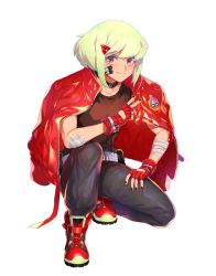 Rule 34 | 1boy, androgynous, bad id, bad twitter id, bandages, black nails, blonde hair, fingerless gloves, gloves, green hair, hair ornament, highres, jacket, jacket on shoulders, ke889, lio fotia, male focus, nail polish, promare, purple eyes, red gloves, shoes, sneakers, solo, squatting, tank top
