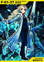 Rule 34 | armor, asymmetrical bangs, black footwear, blonde hair, blue coat, blue gemstone, blue jacket, blue pants, blue shirt, closed mouth, coat, collared coat, collared jacket, collared shirt, commentary request, denim, e.g.o (project moon), employee (project moon), facial mark, frown, full body, fur collar, gem, gloves, green eyes, holding, holding polearm, holding sword, holding weapon, ice, icicle, jacket, jeans, lobotomy corporation, long hair, long sleeves, looking at viewer, meimaru inuchiyo, necktie, numbered, outstretched arm, pants, partial commentary, polearm, project moon, shirt, shoes, snow queen (project moon), snowflakes, sparkle, spear, sword, wavy hair, weapon, white gloves, white necktie