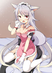 Rule 34 | 1girl, :o, animal ears, apron, bad id, bad pixiv id, breasts, frills, garter belt, garter straps, gloves, gradient background, grey hair, hairband, kankitsunabe (citrus), long hair, looking at viewer, maid, maid apron, maid headdress, multicolored hair, open mouth, original, red eyes, sitting, solo, tail, thighhighs, uniform, wariza, white gloves, white hair, white thighhighs