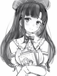 Rule 34 | 1girl, bad id, bad pixiv id, blush, closed mouth, crescent, crescent earrings, crossed arms, detached sleeves, earrings, fortissimo, greyscale, hair ornament, hat, head tilt, highres, holding, jewelry, long hair, looking at viewer, monochrome, musical note, musical note hair ornament, nanashi (nlo), nijisanji, puffy detached sleeves, puffy short sleeves, puffy sleeves, short sleeves, simple background, smile, solo, suzuka utako, translated, upper body, virtual youtuber, white background, wristband