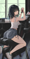 Rule 34 | 1girl, absurdres, ass, bare arms, bare shoulders, black hair, chair, green eyes, highres, lazy dog 916513884, looking at viewer, looking back, original, shoes, short shorts, shorts, sneakers, straddling, tank top, thighs, white tank top