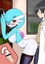 Rule 34 | 1boy, 1girl, absurdres, against wall, alternate color, bar censor, bent over, black hair, black thighhighs, blue hair, blush, bookshelf, breasts, censored, creatures (company), cross-section, cum, cum in pussy, dr. voir (nanosheep), ejaculation, facing viewer, from side, game freak, gardevoir, gen 3 pokemon, glasses, hair ornament, hairclip, hetero, highres, indoors, internal cumshot, interspecies, lab coat, large breasts, looking back, naga99770, nanosheep (character), nintendo, nipples, penis, pokemon, pokemon (creature), pokephilia, red eyes, sex, sex from behind, shiny pokemon, short hair, skindentation, sweat, thighhighs, vaginal, window