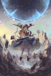 Rule 34 | 1girl, absurdres, ankle socks, arms up, black footwear, black hole, bloomers, bow, bowtie, chain, cloud, cloudy sky, commentary, cube, cuffs, danmaku, debris, destruction, english commentary, floating, floating hair, head tilt, highres, horn ornament, horn ribbon, horns, ibuki suika, long hair, looking at viewer, low-tied long hair, mixed-language commentary, open mouth, orange eyes, orange hair, orb, purple skirt, pyramid (geometry), red bow, red bowtie, ribbon, riki6, rock, shackles, shirt, skirt, sky, sleeveless, sleeveless shirt, socks, solo, touhou, underwear, very long hair, white shirt, white socks