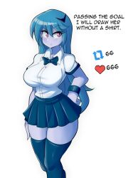 Rule 34 | 1girl, absurdres, blue hair, blue skin, blush, breasts, cleavage, colored skin, cowboy shot, curvy, english text, expressionless, hand on own hip, highres, large breasts, long hair, lucy (lucyfer), lucyfer, meme, original, plaid, plaid skirt, red eyes, school uniform, shiny skin, shirt, simple background, skirt, solo, standing, swimsuit, thighhighs, thighs, twitter strip game (meme), very long hair, white background, white shirt, wide hips