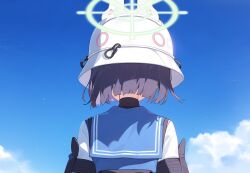 Rule 34 | 1girl, armband, black armband, blue archive, blue hair, blue sailor collar, blue sky, bucket hat, cloud, cloudy sky, commentary, from behind, green halo, halo, hard hat, hat, helmet, outdoors, sailor collar, saki (blue archive), short hair, sky, solo, turtleneck, tyureu, upper body, white hat
