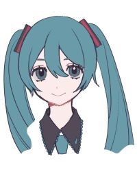 Rule 34 | 1girl, blue eyes, blue hair, hair between eyes, hatsune miku, kappa-bushi-16, simple background, smile, solo, twintails, vocaloid, white background