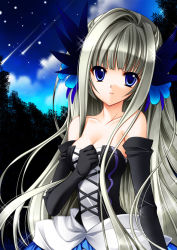 Rule 34 | 1girl, bare shoulders, blue eyes, breasts, cleavage, corset, dress, elbow gloves, gloves, grey hair, gwendolyn (odin sphere), hair down, hair ornament, hasegawa yukino, long hair, odin sphere, small breasts, solo, strapless, strapless dress, very long hair