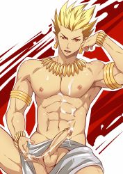 Rule 34 | 1boy, absurdres, armpits, arms up, blonde hair, blush, bracelet, cum, earrings, fate (series), gilgamesh (fate), highres, jewelry, loincloth, male focus, mazjojo, muscular, necklace, nipples, pectorals, penis, red eyes, spiked hair, testicles