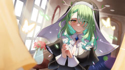 Rule 34 | 1girl, antlers, aotake iro, braid, breasts, bug, butterfly, capelet, ceres fauna, cleavage, flower, french braid, green nails, grey hair, habit, hair flower, hair ornament, highres, hololive, hololive english, horns, insect, long hair, looking at viewer, mole, mole under eye, nail polish, nun, smile, solo, upper body, vase, virtual youtuber, yellow eyes