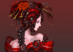 Rule 34 | 1girl, android, bad id, bad pixiv id, bare shoulders, black hair, blue eyes, brown background, closed mouth, commentary request, cyborg, denki, eyeshadow, flower, from behind, hair flower, hair ornament, hairpin, lipstick, makeup, mechanical arms, mechanical parts, oiran, original, profile, red lips, short hair, simple background, single mechanical arm, solo