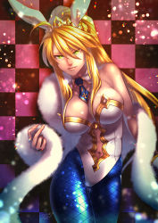 1girl artoria_pendragon_(fate) artoria_pendragon_(lancer)_(fate) artoria_pendragon_(swimsuit_ruler)_(fate) artoria_pendragon_(swimsuit_ruler)_(first_ascension)_(fate) blonde_hair breasts cleavage fate/grand_order fate_(series) feather_boa fishnet_pantyhose fishnets green_eyes hair_between_eyes highres large_breasts leotard long_hair nishiyama_(whatsoy) pantyhose playboy_bunny ponytail sidelocks solo