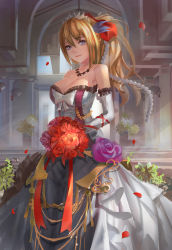 Rule 34 | 1girl, absurdres, bare shoulders, blonde hair, blue eyes, bouquet, bow, breasts, bride, church, cleavage, dress, elbow gloves, female focus, flower, gem, gloves, hair bow, hair ornament, highres, indoors, jewelry, large breasts, lexington (warship girls r), light rays, mag (huangmag), mecha musume, necklace, pearl (gemstone), personification, petals, plant, ponytail, revision, solo, strapless, strapless dress, tiara, warship girls r, wedding dress, white gloves