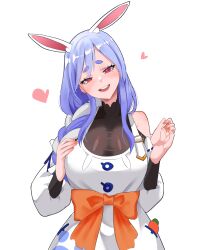 Rule 34 | 1boy, absurdres, animal ears, blue hair, breasts, dress, hand on own chest, heart, highres, hololive, koizumi arata, large breasts, long hair, long sleeves, looking at viewer, mature female, open mouth, pekomama, rabbit ears, rabbit girl, red eyes, sidelocks, simple background, smile, solo, standing, teeth, thick eyebrows, upper teeth only, virtual youtuber, white background, white dress