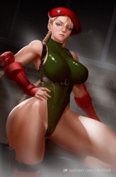 Rule 34 | 1girl, arm guards, armpits, belt, beret, blonde hair, braid, breasts, brick wall, broken window, cameltoe, cammy white, capcom, commentary, covered navel, english commentary, fingerless gloves, focused, gloves, green leotard, grey eyes, hair between eyes, hand on own hip, harness, hat, highleg, highleg leotard, holster, large breasts, leotard, long braid, long hair, looking at viewer, nextoad, patreon username, shiny clothes, shoulder holster, solo, street fighter, street fighter ii (series), street fighter iv (series), street fighter v, thick thighs, thigh holster, thighs, thong leotard, toned, twin braids, watermark, web address, wide hips