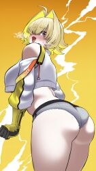 Rule 34 | 1girl, absurdres, ahoge, ass, black gloves, blonde hair, blush, breasts, clothing cutout, crop top, crop top overhang, cropped sweater, curvy, elegg (nikke), embarrassed, from behind, gloves, goddess of victory: nikke, grey shorts, hair intakes, hair over eyes, highres, huge ass, kuremon, large breasts, leaning forward, long bangs, long sleeves, micro shorts, multicolored clothes, multicolored gloves, multicolored hair, navel, open mouth, purple eyes, shiny skin, short hair, shorts, shoulder cutout, skindentation, solo, sweatdrop, thighs, two-tone hair, wide hips, yellow gloves