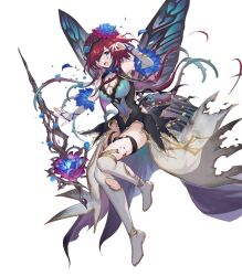 Rule 34 | 1girl, bare shoulders, blue eyes, boots, breasts, brown hair, butterfly wings, covered navel, dress, facial mark, fairy, fairy wings, feather trim, fire emblem, fire emblem heroes, floating, floating object, flower, full body, gloves, hair flower, hair ornament, hair over one eye, haru (hiyori-kohal), highres, insect wings, medium breasts, nintendo, non-web source, official alternate costume, official art, open mouth, petals, purple hair, short dress, sleeveless, sword, teeth, thigh boots, thighhighs, thorns, torn clothes, torn gloves, transparent background, triandra (fire emblem), turtleneck, weapon, white thighhighs, wings