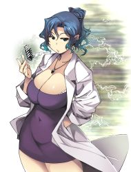 Rule 34 | 1girl, aqua eyes, blouse, blue hair, breasts, cleavage, covered navel, dress, electricity, hand in pocket, highres, huge breasts, jewelry, lab coat, mil (xration), necklace, ponytail, ragnarok online, shirt, sigh, solo, sparks, t.w.o. (ragnarok online), taut clothes, taut dress, transistor (object), verity