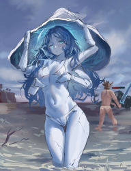 Rule 34 | 1boy, 1girl, bare shoulders, bikini, blue eyes, blue hair, blue skin, breasts, collarbone, colored skin, contrapposto, doll joints, elden ring, extra arms, hat, helmet, highres, holding, holding clothes, holding hat, holding sword, holding weapon, joints, knees up, looking at viewer, navel, one eye closed, partially submerged, ranni the witch, sawkm, sketch, small breasts, solo focus, standing, swimsuit, sword, tarnished (elden ring), thigh gap, thighs, wading, weapon, white bikini, witch hat