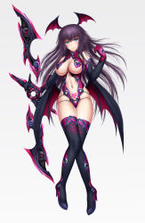 Rule 34 | 1girl, absurdres, bare shoulders, bat wings, black footwear, blue eyes, boots, breasts, center opening, cleavage, closed mouth, clothing cutout, commentary request, demon girl, destiny child, elbow gloves, floating, floating object, full body, gloves, head wings, heart cutout, high heel boots, high heels, highres, holding, holding weapon, knees together feet apart, large breasts, leotard, long hair, looking at viewer, low wings, masatoki, navel, pink gloves, pink lips, pubic tattoo, purple hair, purple leotard, purple wings, revealing clothes, skindentation, smile, solo, stomach, straight hair, tattoo, thigh gap, very long hair, weapon, wings