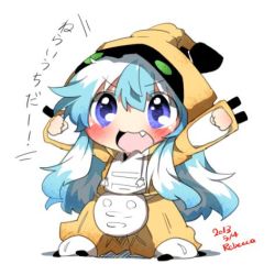 Rule 34 | 1girl, artist name, bad id, bad twitter id, blue eyes, blue hair, blush, cosplay, costume, dated, fang, female focus, hat, kamishirasawa keine, long hair, lowres, matching hair/eyes, medarot, metabee, metabee (cosplay), natsume, open mouth, rebecca (keinelove), simple background, smile, solo, team shanghai alice, touhou, white background