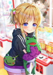 Rule 34 | 1girl, alternate costume, bag, black hoodie, blonde hair, blue eyes, blurry, blurry background, blush, casual, closed mouth, commentary request, contemporary, frog hair ornament, hair ornament, highres, hood, hoodie, long hair, long sleeves, looking at viewer, moriya suwako, nora wanko, hugging object, purple shorts, short ponytail, shorts, sidelocks, smile, solo, stuffed animal, stuffed frog, stuffed toy, touhou
