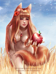 Rule 34 | 1girl, animal ears, apple, bird, blunt bangs, breasts, convenient censoring, day, deviantart username, eyelashes, flower, food, freckles, fruit, hair flower, hair ornament, hand on own thigh, hanging breasts, holo, incoming food, jewelry, leaning forward, lips, long hair, looking at viewer, navel, necklace, outdoors, parted lips, prywinko, reaching, reaching towards viewer, realistic, red eyes, signature, solo, spice and wolf, standing, tail, very long hair, watermark, web address, wheat, wolf ears, wolf tail