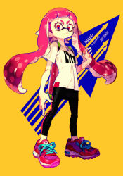 Rule 34 | 1girl, arrow (symbol), determined, english text, frown, inkling, inkling girl, inkling player character, leggings, long hair, looking at viewer, nintendo, pigeon666, pink eyes, pink hair, shirt, shoes, simple background, sneakers, solo, splatoon (series), t-shirt, yellow background