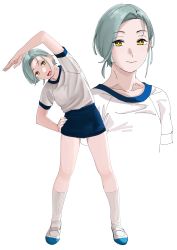 Rule 34 | 1girl, absurdres, bad id, bad twitter id, blue buruma, buruma, closed mouth, commentary, grey hair, gym shirt, gym uniform, hand on own hip, highres, kantai collection, kneehighs, mole, mole on neck, multiple views, ojipon, open mouth, shirt, short hair, short sleeves, simple background, socks, standing, stretching, symbol-only commentary, tamanami (kancolle), white background, white socks, yellow eyes