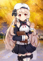 Rule 34 | 1girl, black bow, black jacket, blonde hair, book, bow, chaser (warship girls r), cowboy shot, hair bow, hat, highres, holding, holding book, jacket, long hair, long sleeves, looking at viewer, outdoors, red eyes, red ribbon, ribbon, situmey, smile, solo, standing, thighhighs, warship girls r, white hat
