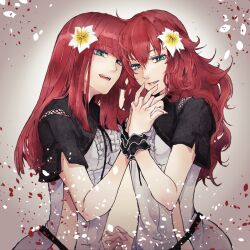 Rule 34 | 2girls, black bow, black shrug, blunt bangs, blunt ends, bow, clothing cutout, commentary request, devola, dress, falling petals, flower, frilled dress, frills, gradient background, green eyes, hair flower, hair ornament, highres, holding hands, lips, long hair, multiple girls, nier:automata, nier (series), parted lips, petals, popola, red eyes, rolling anco, short sleeves, shoulder cutout, shrug (clothing), siblings, side slit, sisters, smile, straight hair, twins, upper body, wavy hair, white dress, white flower, wrist cuffs