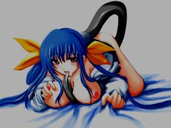 Rule 34 | 1girl, arc system works, blue hair, blush, bow, grabbing another&#039;s breast, breasts, dizzy (guilty gear), grabbing, guilty gear, hair bow, large breasts, long hair, lying, nipples, on stomach, open mouth, red eyes, solo, tail, tongue, twintails, very long hair