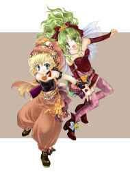 Rule 34 | 1990s (style), 2girls, blonde hair, blue eyes, bow, bridal gauntlets, cape, earrings, elbow gloves, final fantasy, final fantasy vi, gloves, green eyes, green hair, hair bow, hal (pixiv93013), hat, jewelry, long hair, multiple girls, natsuki haruna, necklace, open mouth, ponytail, relm arrowny, retro artstyle, short hair, simple background, skirt, smile, thighhighs, tina branford, zettai ryouiki