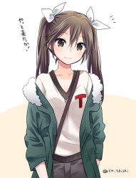 Rule 34 | 10s, 1girl, alternate costume, black eyes, black hair, blush, brown hair, casual, hair ribbon, ica, jacket, kantai collection, long hair, ribbon, shirt, simple background, smile, solo, t-shirt, tone (kancolle), translation request, twintails, white background