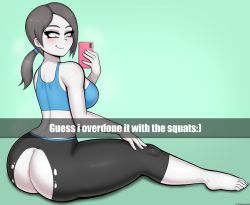 Rule 34 | 1girl, absurdres, anus, ass, backboob, blush, breasts, cellphone, colored skin, drunkavocado, english text, female focus, grey eyes, grey hair, highres, huge ass, long hair, looking back, medium breasts, nintendo, pants, phone, photo (medium), ponytail, selfie, shorts, sitting, smile, snapchat, solo, torn clothes, torn pants, torn shorts, training, white skin, wii fit, wii fit trainer, wii fit trainer (female)