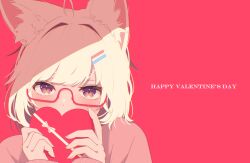 Rule 34 | 1girl, ahoge, animal ear fluff, animal ears, blunt bangs, blush, box, box of chocolates, brown eyes, commentary request, covered mouth, english text, eyelashes, fingernails, glasses, hair ornament, hairclip, happy valentine, heart-shaped box, highres, holding, holding box, limited palette, long sleeves, looking at viewer, original, pink-framed eyewear, pink background, pink sleeves, pink sweater, shiroino (shirayuki mutsuki), short hair, simple background, sleeves past wrists, solo, sweater, upper body, valentine, white hair, wolf ears