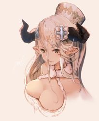 Rule 34 | 10s, 1girl, bare shoulders, breasts, brown eyes, cleavage, draph, granblue fantasy, hair between eyes, hair ornament, hat, horns, izmir, large breasts, long hair, looking at viewer, parted lips, pointy ears, simple background, smile, solo, upper body, yoo (tabi no shiori)