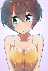 Rule 34 | 1girl, absurdres, aqua eyes, bare shoulders, blush, breasts, brown hair, cleavage, highres, large breasts, new game!, open mouth, shinoda hajime, short hair, solo, sweatdrop, t~t