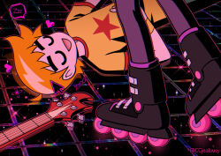 Rule 34 | 1boy, 1girl, closed eyes, commentary, czy (2894456992), electric guitar, guitar, heart, inline skates, instrument, lying, on back, open mouth, orange hair, ramona flowers, roller skates, scott pilgrim, scott pilgrim (series), scott pilgrim takes off, shirt, skates, sleeping, smile, spoken zzz, star (symbol), t-shirt, twitter username, zzz